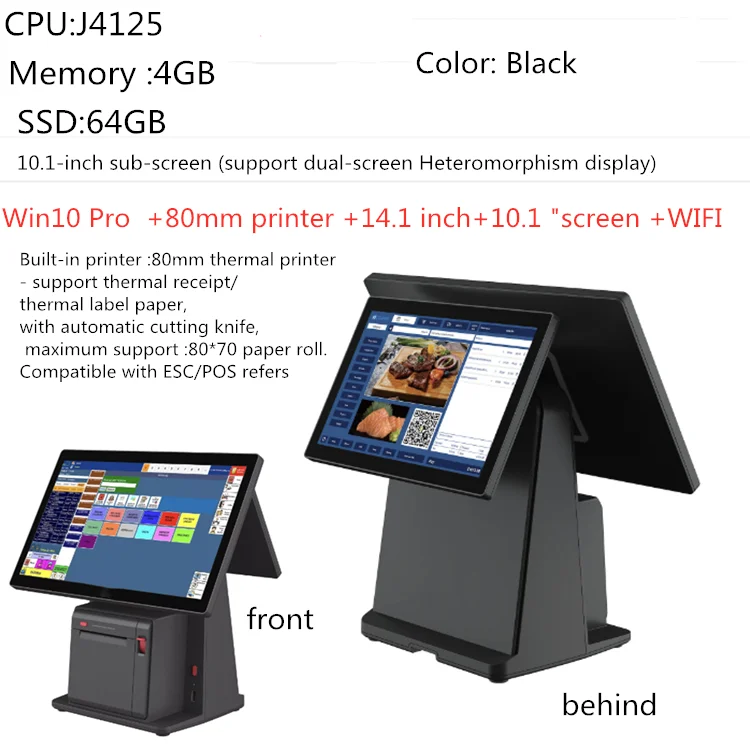Nieuw product 14,1 inch windows touch POS-machine interne 80 mm printer Alles-in-één pc-scanfunctie met 7 '' klantendisplay