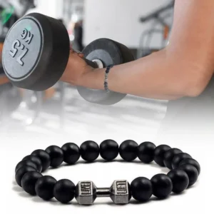 Natuurlijke Zwarte Vulkanische Lava Steen Halter Armband Zwarte Matte Kralen Armbanden Fitness Barbell Sieraden Pulseras Voor Vrouwen