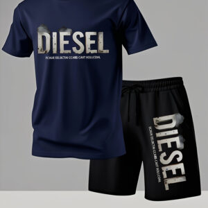 Summer Men'S Casual Sports Short Sleeve T-Shirt and Shorts Set, Comfortable Breathable, Suitable for Outdoor Jogging Running Fitness, Diesel Letter Print Design - 2pcs Set