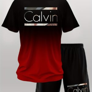 Men's Gradient Print Casual Set, Round Neck Short Sleeve T-Shirt and Drawstring Pocket Shorts, Breathable Soft Polyester, Summer Outdoor Sportswear