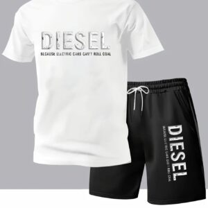Diesel Letter Print Men's Short Sleeve T-Shirt and Belted Shorts Set, Casual Sporty Regular Fit Top & Pants Outfit for Spring/Summer