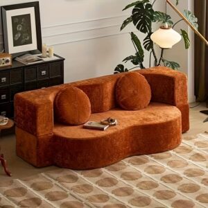 Compressed Sofa Bed with Tatami Floor - Orange Folding Recliner for Small Apartments, Living Room & Bedroom - Contemporary Design, Memory Foam & Chenille Upholstery, Split-Back Support, No Assembly Required, Convertible Sofa Bed, Nonsymmetric Design, Soft Cushioned Seating