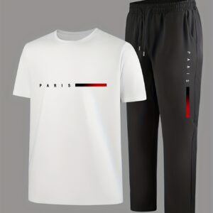 Men'S Casual Sports Two-Piece Set Short Sleeve Top Straight Leg Pants with Paris Print, Fashionable And Trendy, Ideal for Summer, Parties, Casual Outings, And Everyday Wear, Everyday Wear|Short Sleeve Top|Print Trousers