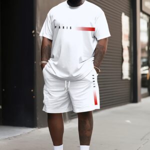 Plus Size Men'S Paris Print Short Sleeve T-Shirt & Shorts Set - Casual Sporty Outfit, Beige with Red Stroke Detail, Polyester Blend, Perfect for Spring & Summer, Ideal Gift