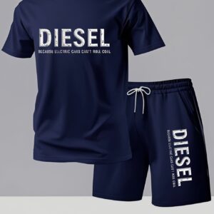 Diesel Letter Print Men's Short Sleeve T-Shirt and Belted Shorts Set, Casual Sporty Regular Fit Top & Pants Outfit for Spring/Summer