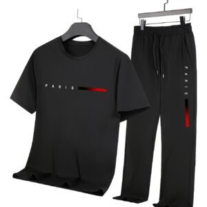 Men'S Casual Sports Two-Piece Set Short Sleeve Top Straight Leg Pants with Paris Print, Fashionable And Trendy, Ideal for Summer, Parties, Casual Outings, And Everyday Wear, Everyday Wear|Short Sleeve Top|Print Trousers