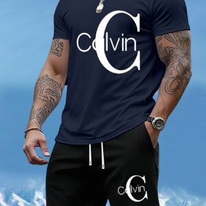Men'S Summer T-Shirt Two-Piece Set with Calvin Print, Men'S Fashion Casual Short Sleeve Trendy Sweatshirt Versatile Outfit