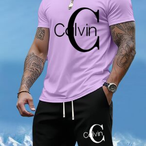 Men'S Summer T-Shirt Two-Piece Set with Calvin Print, Men'S Fashion Casual Short Sleeve Trendy Sweatshirt Versatile Outfit
