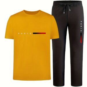 Men'S Casual Sports Two-Piece Set Short Sleeve Top Straight Leg Pants with Paris Print, Fashionable And Trendy, Ideal for Summer, Parties, Casual Outings, And Everyday Wear, Everyday Wear|Short Sleeve Top|Print Trousers