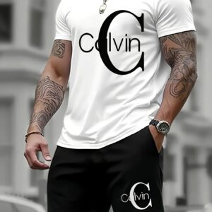 CALVIN Letter Print Men's Two-Piece Set: Stylish Short-Sleeve T-Shirt and Shorts, Perfect for All Seasons, Ideal for Outdoor Activities