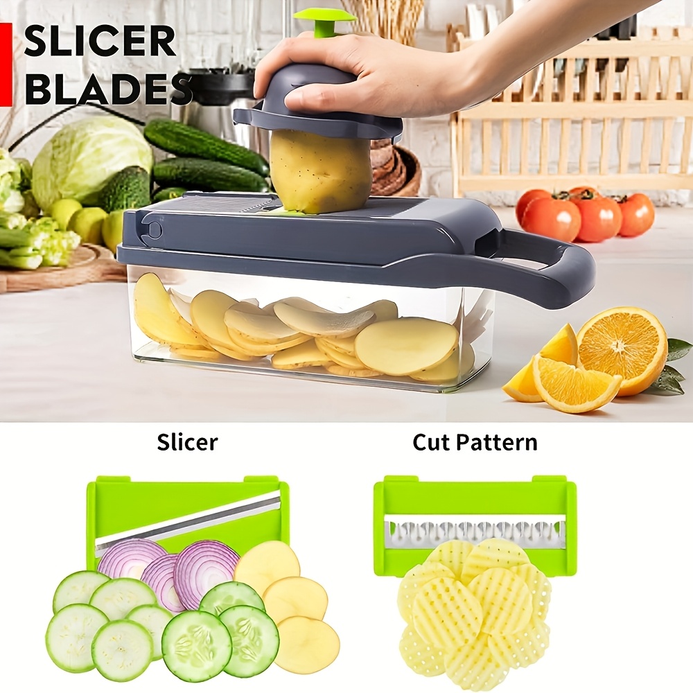 16-in-1 Vegetable and Onion Chopper, Multifunctional Food Grade Cutting Machine with Drain Basket, Carrot and Garlic Chopper with Container - Ideal for Home and Restaurant Use, Kitchen Essentials|Modern Kitchen Tool|Durable Plastic Construction