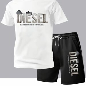 Diesel Letter Print Men's Short Sleeve T-Shirt and Belted Shorts Set, Casual Sporty Regular Fit Top & Pants Outfit for Spring/Summer