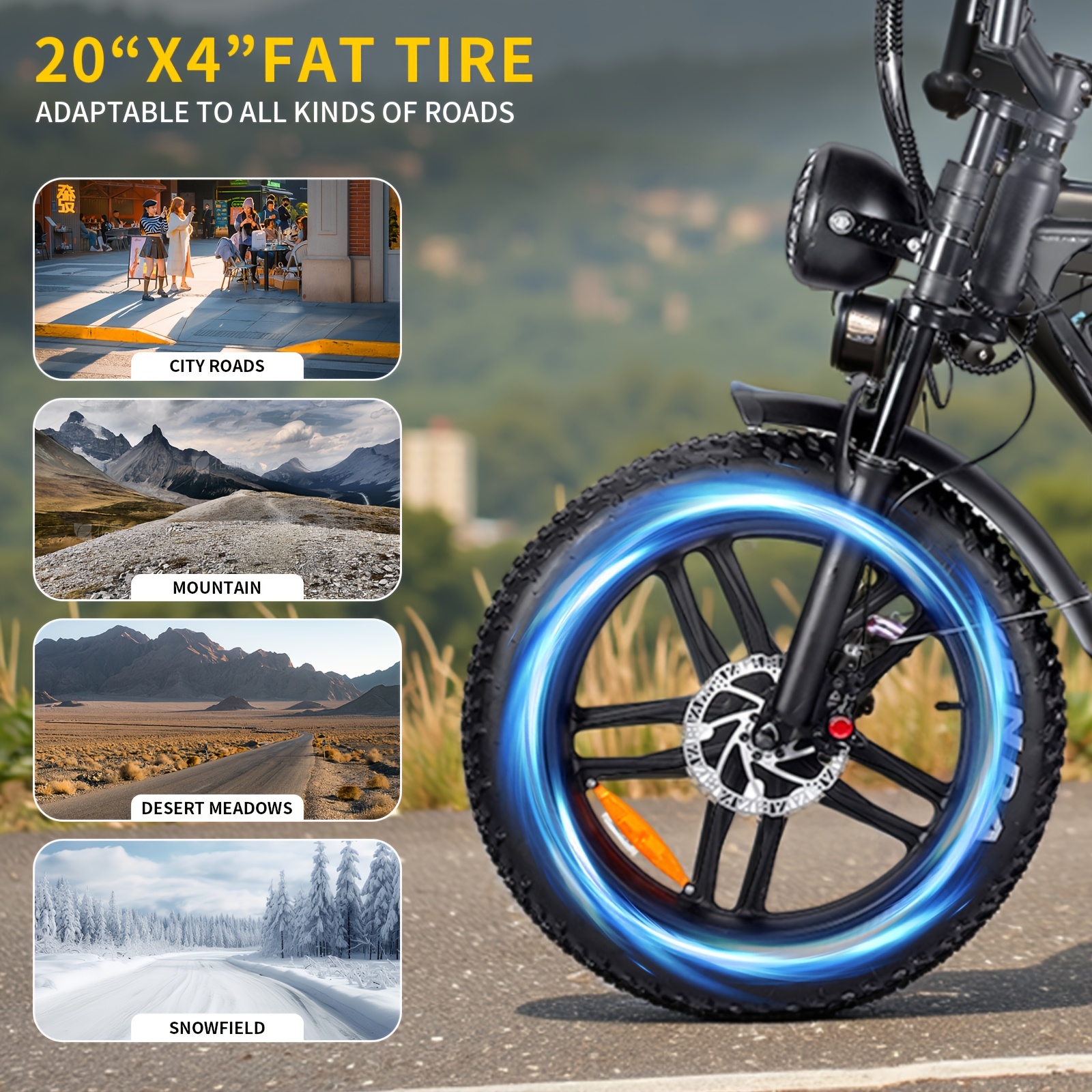 EU Hot-Selling C80 20-Inch Electric Bicycle 48V15Ah Lithium Battery Dual Disc Brakes 7 Speeds Front Shock Absorber Anti-Theft Alarm Fat Tire Off-Road Commuting Snow Outdoor Black And Brown 150Kg Load 40-60Km Range