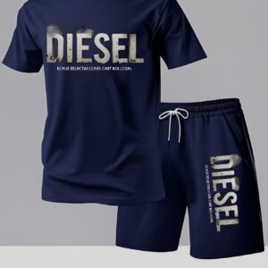 Diesel Letter Print Men's Short Sleeve T-Shirt and Belted Shorts Set, Casual Sporty Regular Fit Top & Pants Outfit for Spring/Summer