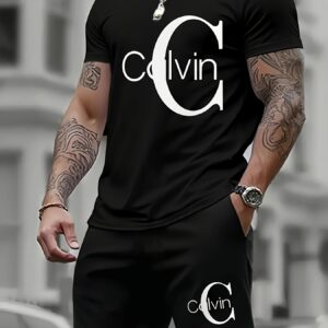 CALVIN Letter Print Men's Two-Piece Set: Stylish Short-Sleeve T-Shirt and Shorts, Perfect for All Seasons, Ideal for Outdoor Activities