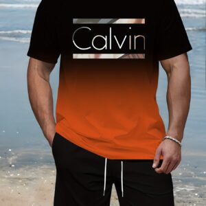 Men's Gradient Print Casual Set, Round Neck Short Sleeve T-Shirt and Drawstring Pocket Shorts, Breathable Soft Polyester, Summer Outdoor Sportswear