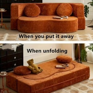 Compressed Sofa Bed with Tatami Floor - Orange Folding Recliner for Small Apartments, Living Room & Bedroom - Contemporary Design, Memory Foam & Chenille Upholstery, Split-Back Support, No Assembly Required, Convertible Sofa Bed, Nonsymmetric Design, Soft Cushioned Seating