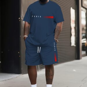 Plus Size Men'S Paris Print Short Sleeve T-Shirt & Shorts Set - Casual Sporty Outfit, Beige with Red Stroke Detail, Polyester Blend, Perfect for Spring & Summer, Ideal Gift