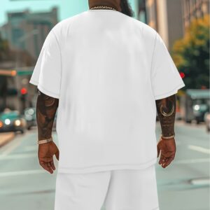 Plus Size Men'S Paris Print Short Sleeve T-Shirt & Shorts Set - Casual Sporty Outfit, Beige with Red Stroke Detail, Polyester Blend, Perfect for Spring & Summer, Ideal Gift