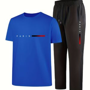 Men'S Casual Sports Two-Piece Set Short Sleeve Top Straight Leg Pants with Paris Print, Fashionable And Trendy, Ideal for Summer, Parties, Casual Outings, And Everyday Wear, Everyday Wear|Short Sleeve Top|Print Trousers