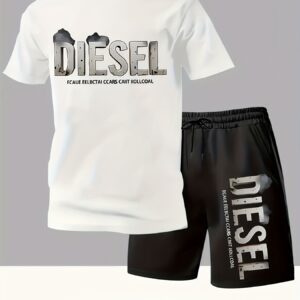 Summer Men'S Casual Sports Short Sleeve T-Shirt and Shorts Set, Comfortable Breathable, Suitable for Outdoor Jogging Running Fitness, Diesel Letter Print Design - 2pcs Set