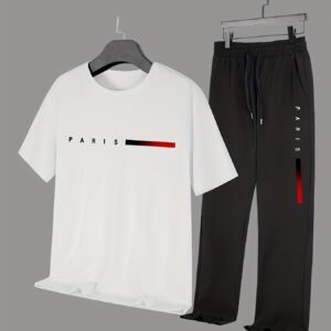 Men'S Casual Sports Two-Piece Set Short Sleeve Top Straight Leg Pants with Paris Print, Fashionable And Trendy, Ideal for Summer, Parties, Casual Outings, And Everyday Wear, Everyday Wear|Short Sleeve Top|Print Trousers