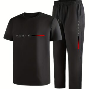 Men'S Casual Sports Two-Piece Set Short Sleeve Top Straight Leg Pants with Paris Print, Fashionable And Trendy, Ideal for Summer, Parties, Casual Outings, And Everyday Wear, Everyday Wear|Short Sleeve Top|Print Trousers