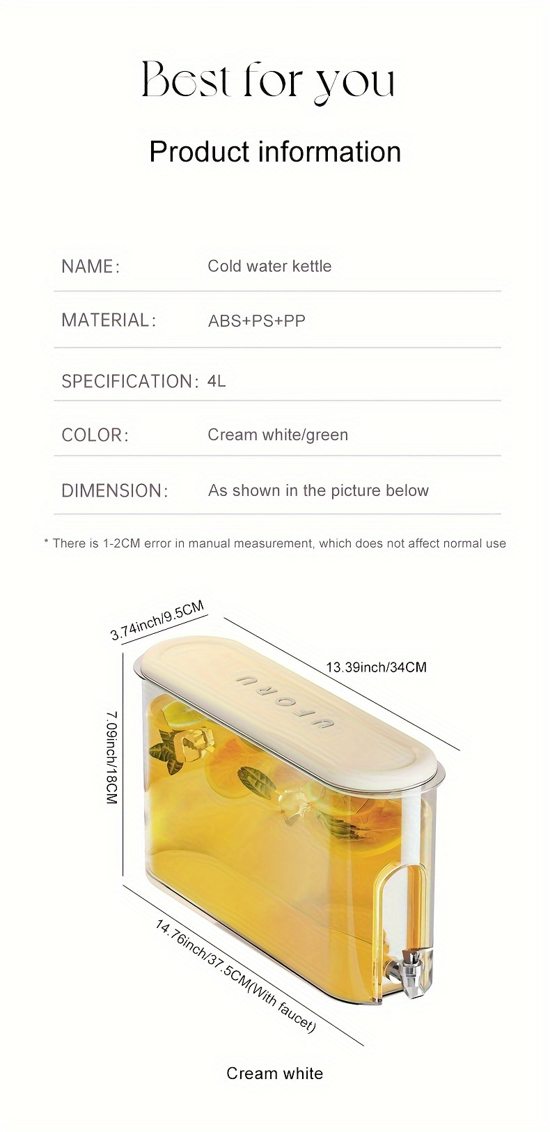 UFORU Large Capacity Cold Water Bottle with Faucet - Food-Grade Plastic, Leak-Proof Design, Transparent Lid for Easy Visibility - Perfect for Summer Beverages, Refrigerator Essential, Summer Beverage Container | Sleek Design | Durable Plastic