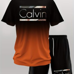 Men's Gradient Print Casual Set, Round Neck Short Sleeve T-Shirt and Drawstring Pocket Shorts, Breathable Soft Polyester, Summer Outdoor Sportswear