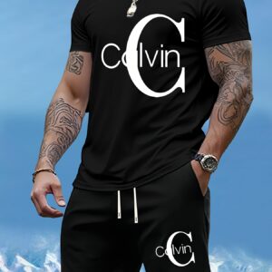 Men'S Summer T-Shirt Two-Piece Set with Calvin Print, Men'S Fashion Casual Short Sleeve Trendy Sweatshirt Versatile Outfit