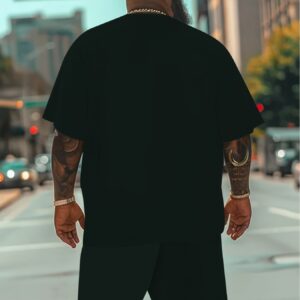 Plus Size Men'S Paris Print Short Sleeve T-Shirt & Shorts Set - Casual Sporty Outfit, Beige with Red Stroke Detail, Polyester Blend, Perfect for Spring & Summer, Ideal Gift