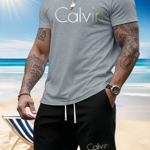 Men'S Summer T-Shirt Two-Piece Set with Calvin Print, Men'S Fashion Casual Short Sleeve Trendy Sweatshirt Versatile Outfit