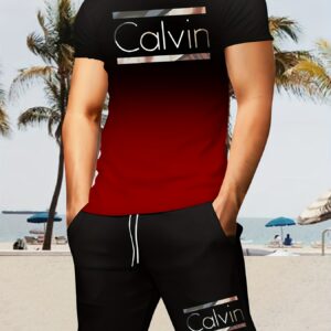 Men's Gradient Print Casual Set, Round Neck Short Sleeve T-Shirt and Drawstring Pocket Shorts, Breathable Soft Polyester, Summer Outdoor Sportswear