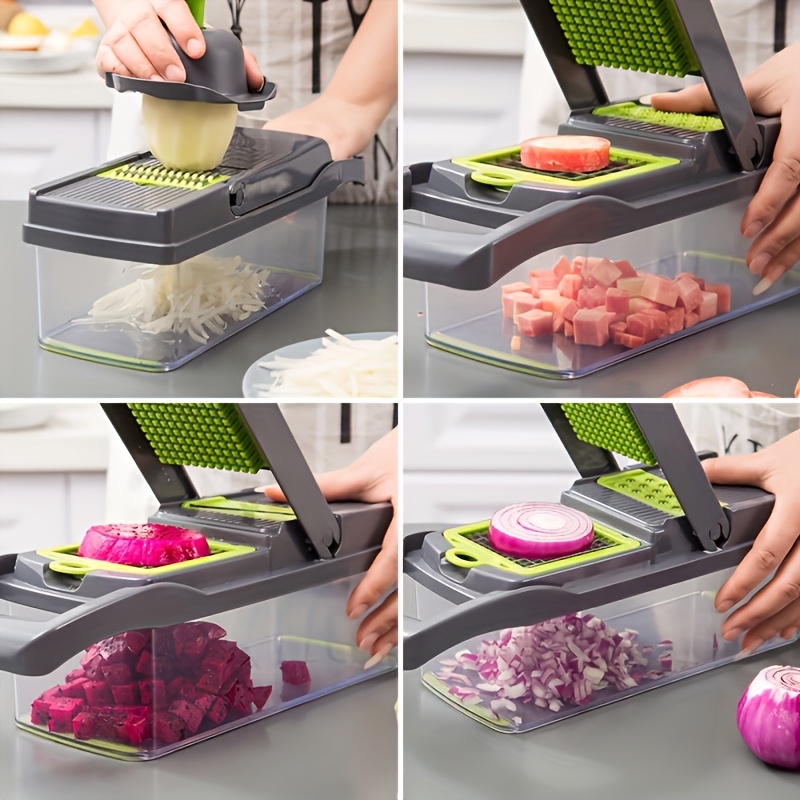16-in-1 Vegetable and Onion Chopper, Multifunctional Food Grade Cutting Machine with Drain Basket, Carrot and Garlic Chopper with Container - Ideal for Home and Restaurant Use, Kitchen Essentials|Modern Kitchen Tool|Durable Plastic Construction