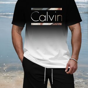 Men's Gradient Print Casual Set, Round Neck Short Sleeve T-Shirt and Drawstring Pocket Shorts, Breathable Soft Polyester, Summer Outdoor Sportswear