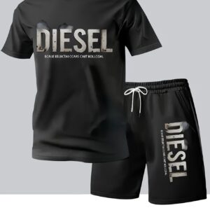 Diesel Letter Print Men's Short Sleeve T-Shirt and Belted Shorts Set, Casual Sporty Regular Fit Top & Pants Outfit for Spring/Summer