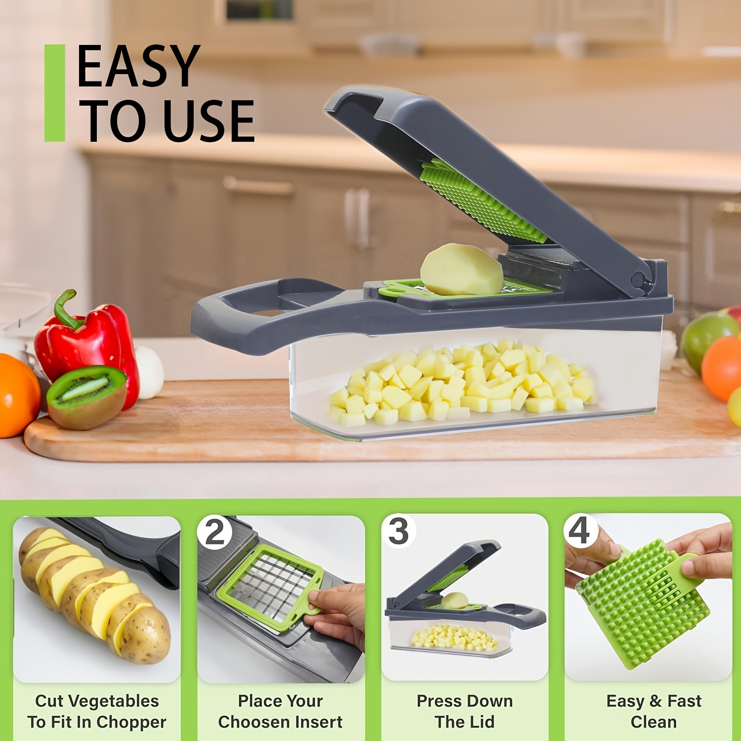 16-in-1 Vegetable and Onion Chopper, Multifunctional Food Grade Cutting Machine with Drain Basket, Carrot and Garlic Chopper with Container - Ideal for Home and Restaurant Use, Kitchen Essentials|Modern Kitchen Tool|Durable Plastic Construction