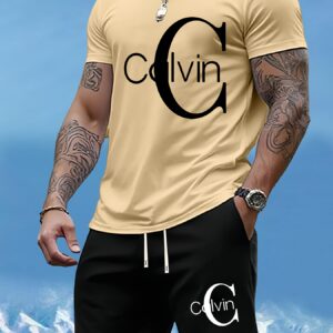 Men'S Summer T-Shirt Two-Piece Set with Calvin Print, Men'S Fashion Casual Short Sleeve Trendy Sweatshirt Versatile Outfit