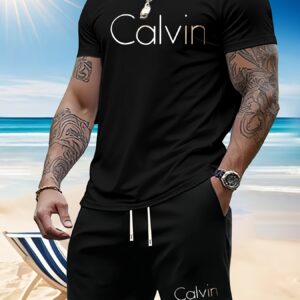 Men'S Summer T-Shirt Two-Piece Set with Calvin Print, Men'S Fashion Casual Short Sleeve Trendy Sweatshirt Versatile Outfit