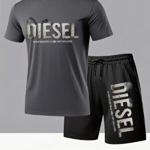Summer Men'S Casual Sports Short Sleeve T-Shirt and Shorts Set, Comfortable Breathable, Suitable for Outdoor Jogging Running Fitness, Diesel Letter Print Design - 2pcs Set
