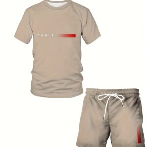 Plus Size Men'S Paris Print Short Sleeve T-Shirt & Shorts Set - Casual Sporty Outfit, Beige with Red Stroke Detail, Polyester Blend, Perfect for Spring & Summer, Ideal Gift