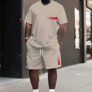 Plus Size Men'S Paris Print Short Sleeve T-Shirt & Shorts Set - Casual Sporty Outfit, Beige with Red Stroke Detail, Polyester Blend, Perfect for Spring & Summer, Ideal Gift