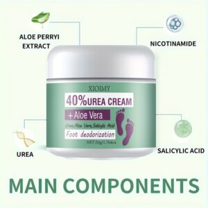 XIOIMY Urea Cream + Aloe Vera Foot Deodorizer with Salicylic Acid - Moisturizing & Odor Elimination for Dry Cracked Heels, Long-Lasting Anti-Perspiration, Fragrance-Free Foot Care for All Light Beige Types, Foot Cream, Sleek Tub Design, Visible Ingredients