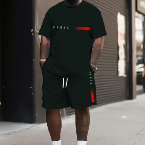 Plus Size Men'S Paris Print Short Sleeve T-Shirt & Shorts Set - Casual Sporty Outfit, Beige with Red Stroke Detail, Polyester Blend, Perfect for Spring & Summer, Ideal Gift
