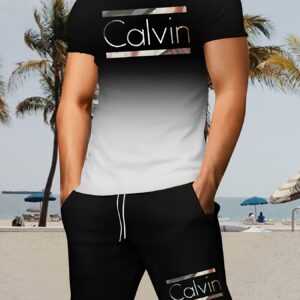 Men's Gradient Print Casual Set, Round Neck Short Sleeve T-Shirt and Drawstring Pocket Shorts, Breathable Soft Polyester, Summer Outdoor Sportswear