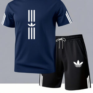 Men'S Casual Summer T-Shirt & Shorts Set - Navy Blue with White Stripes & Leaf Design, Breathable Polyester Blend, Regular Fit, Round Neck, Lightweight & Stylish for Casual Attire, Everyday Clothing | Trendy Casualwear | Polyester Blend