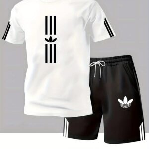 Men'S Casual Summer T-Shirt & Shorts Set - Navy Blue with White Stripes & Leaf Design, Breathable Polyester Blend, Regular Fit, Round Neck, Lightweight & Stylish for Casual Attire, Everyday Clothing | Trendy Casualwear | Polyester Blend