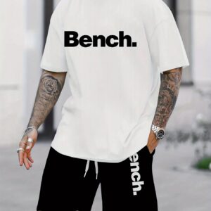 Digital Print Bench. Men's Summer Pattern Casual Two-Piece Set, Round Neck Short Sleeve T-Shirt and Drawstring Shorts with Pockets, Knit, Slight Stretch, Regular Fit Outdoor Sports Suit