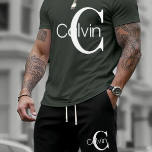 Men'S Summer T-Shirt Two-Piece Set with Calvin Print, Men'S Fashion Casual Short Sleeve Trendy Sweatshirt Versatile Outfit