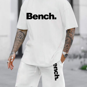 Digital Print Bench. Men's Summer Pattern Casual Two-Piece Set, Round Neck Short Sleeve T-Shirt and Drawstring Shorts with Pockets, Knit, Slight Stretch, Regular Fit Outdoor Sports Suit